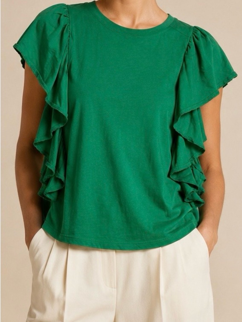 Zara Green Ruffle Flutter Sleeve Cotton Top Size Large